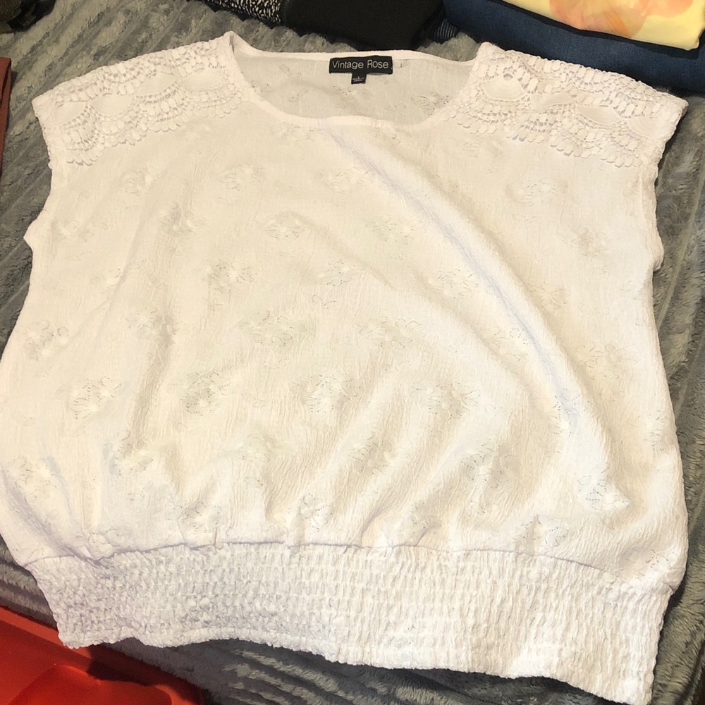 Vintage Rose White Lace-Shoulder Womens Top